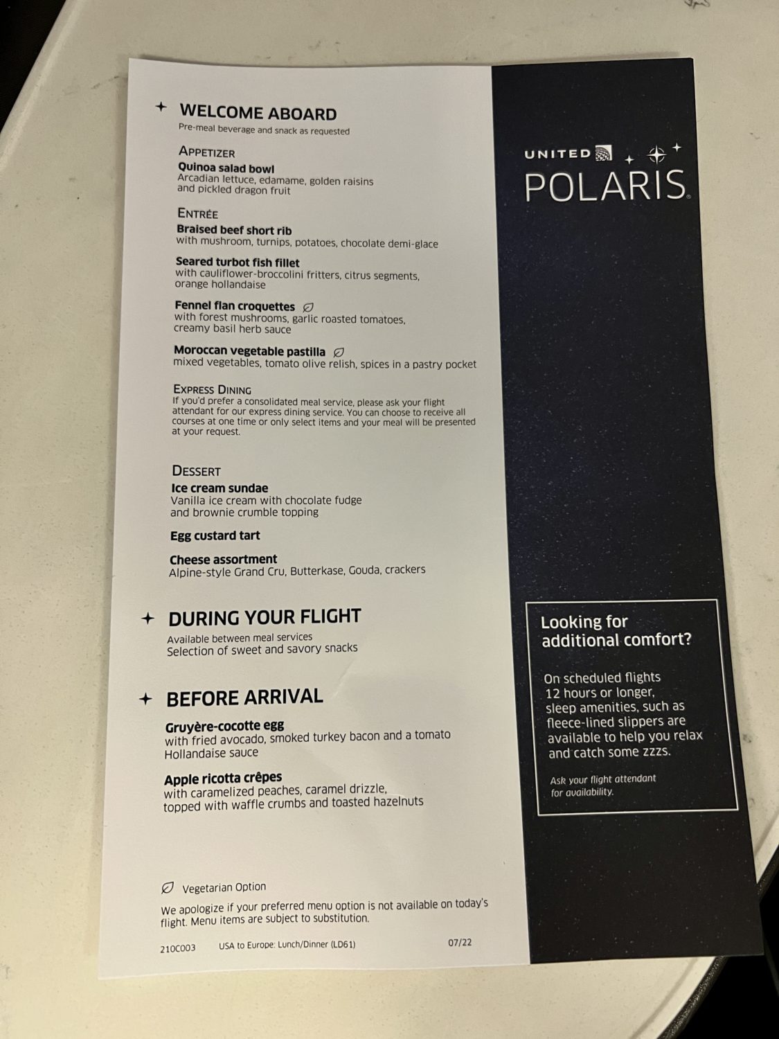 united polaris menu