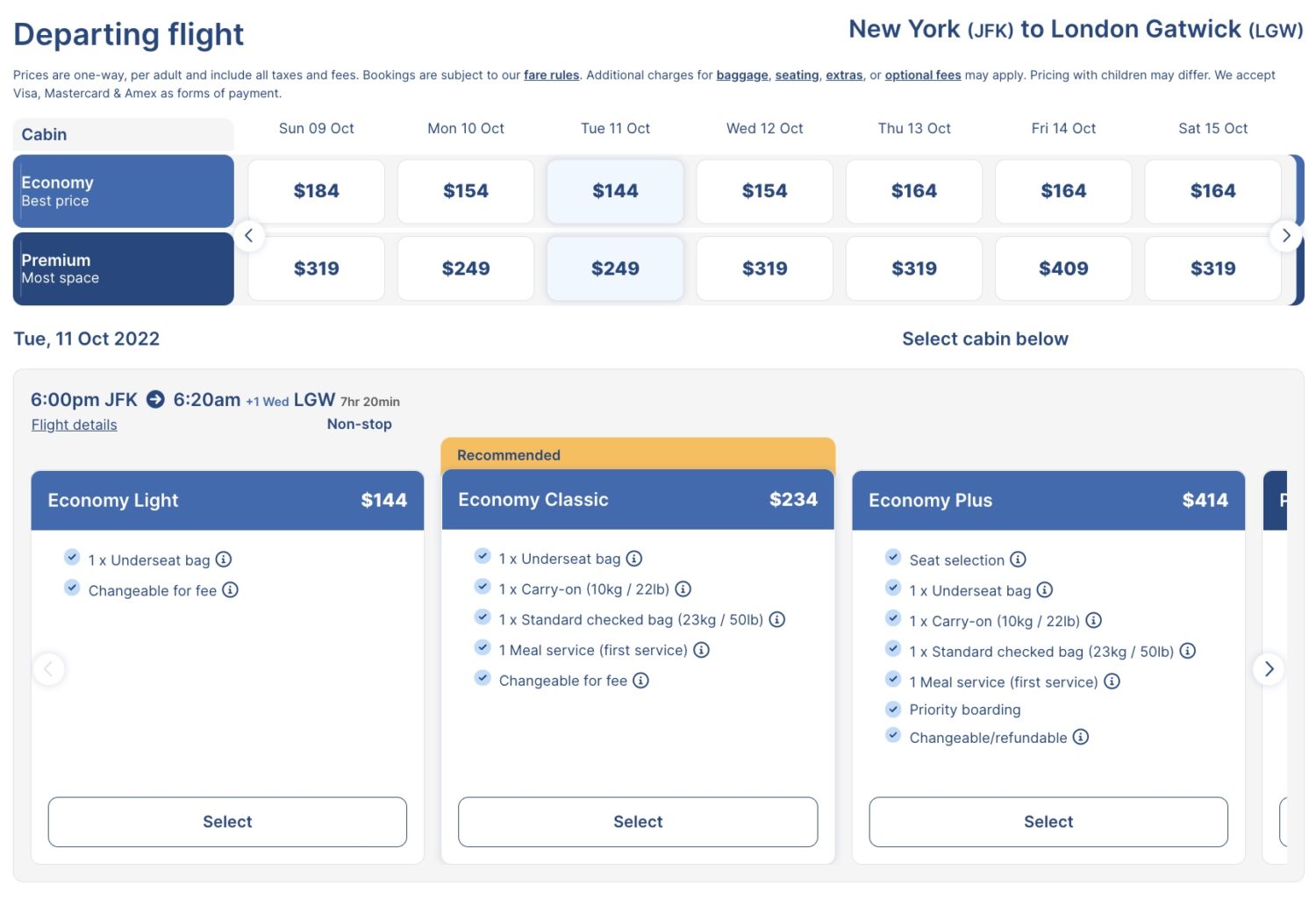 Norse Atlantic economy fares