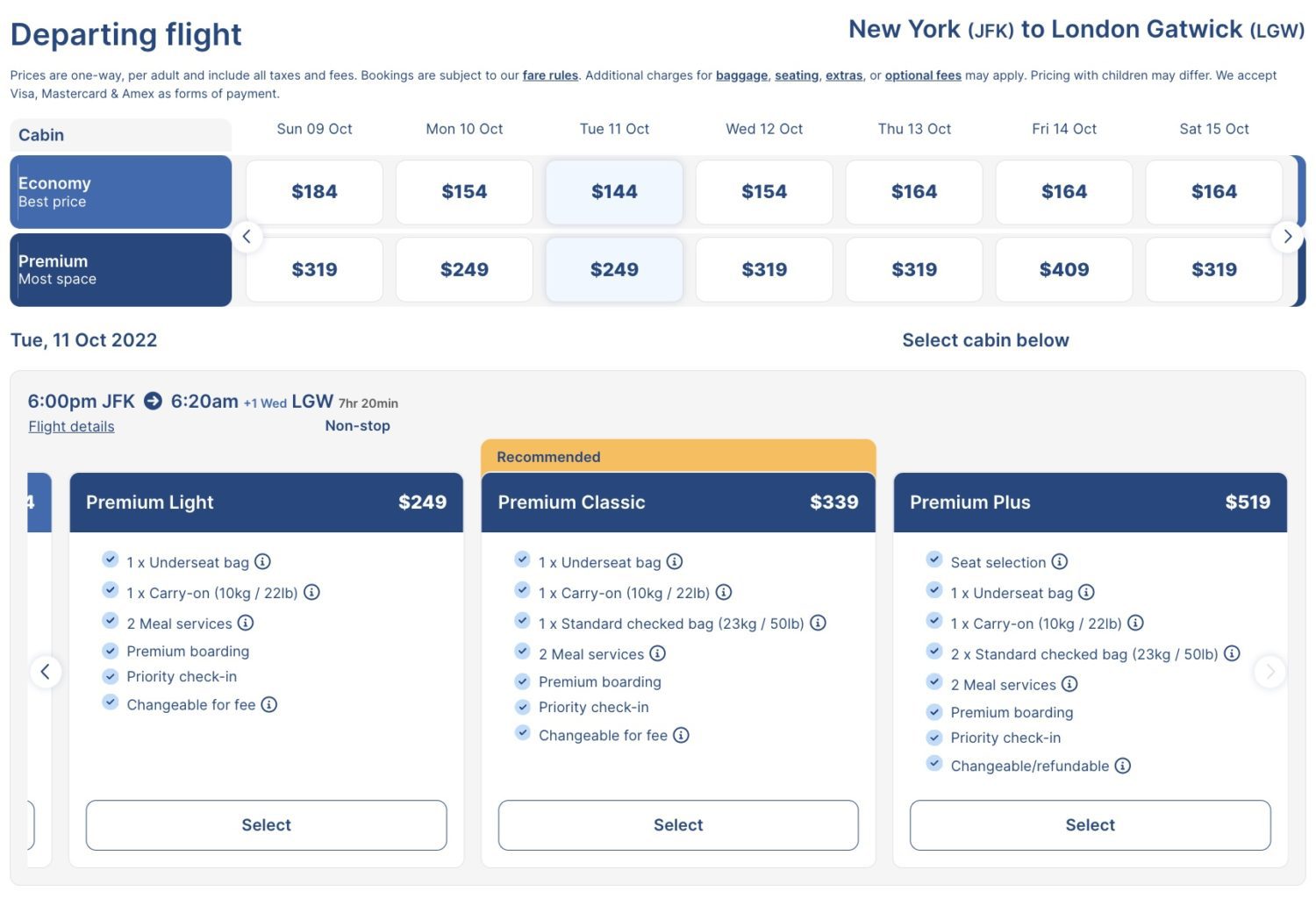 Norse Premium fares