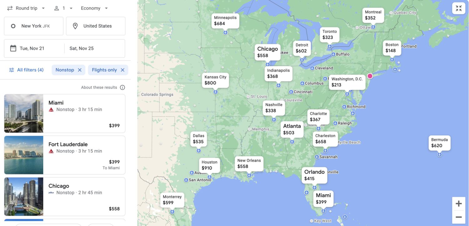 Google Flights Thanksgiving Explore