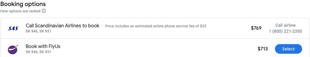 SAS google flights pricing