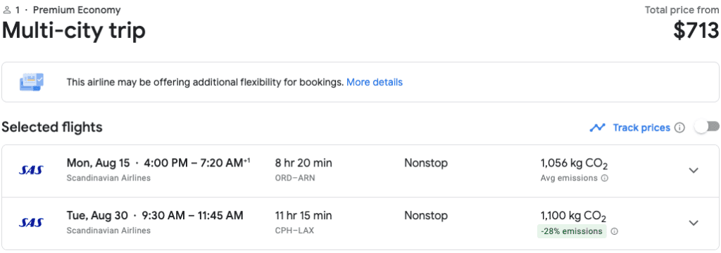 sas premium economy on google flights