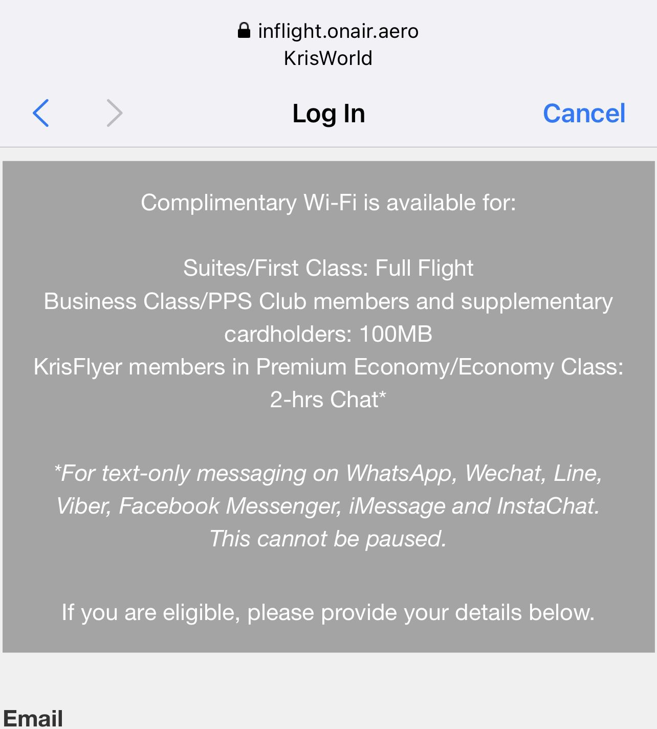 Singapore Airlines first class Wi-Fi