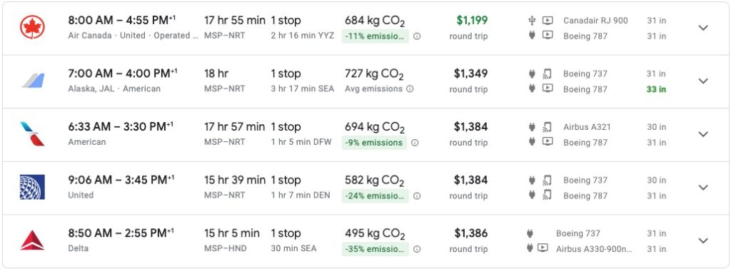 Minneapolis to Tokyo Google Flights search