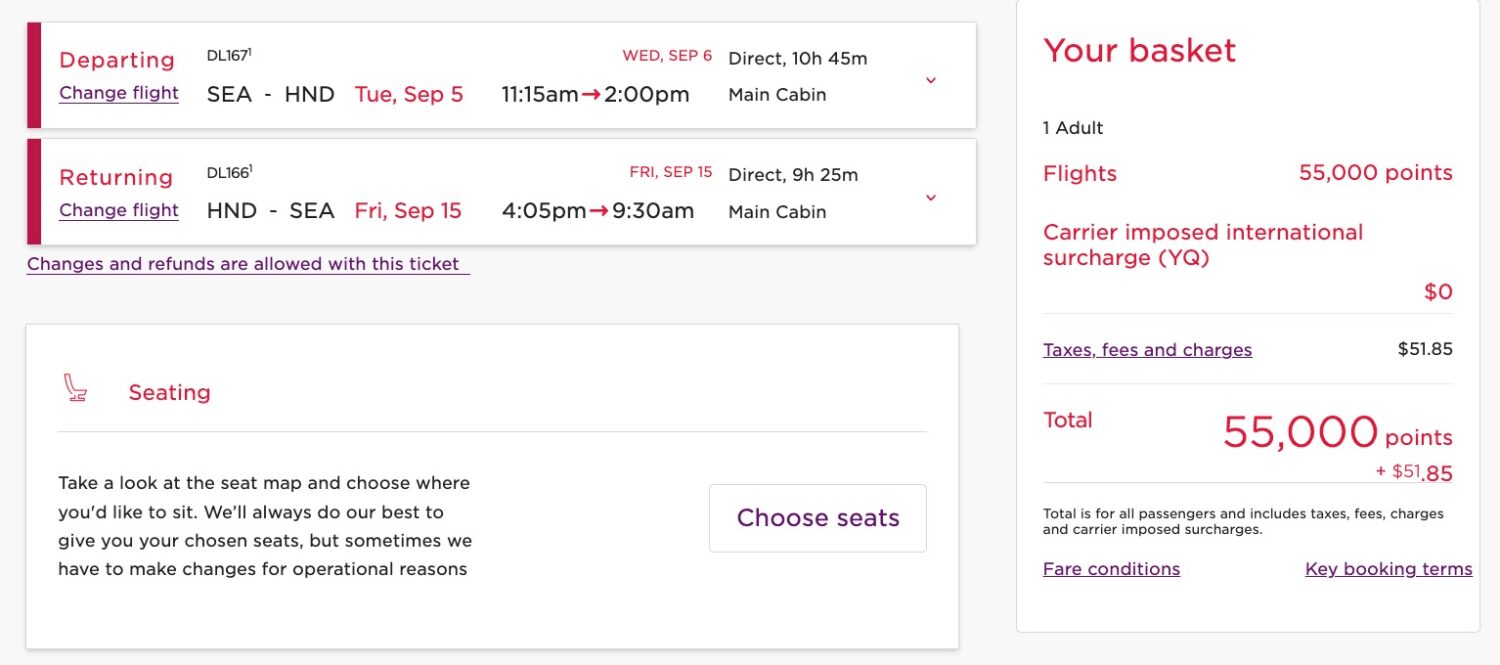 seattle to tokyo booked via virgin atlantic