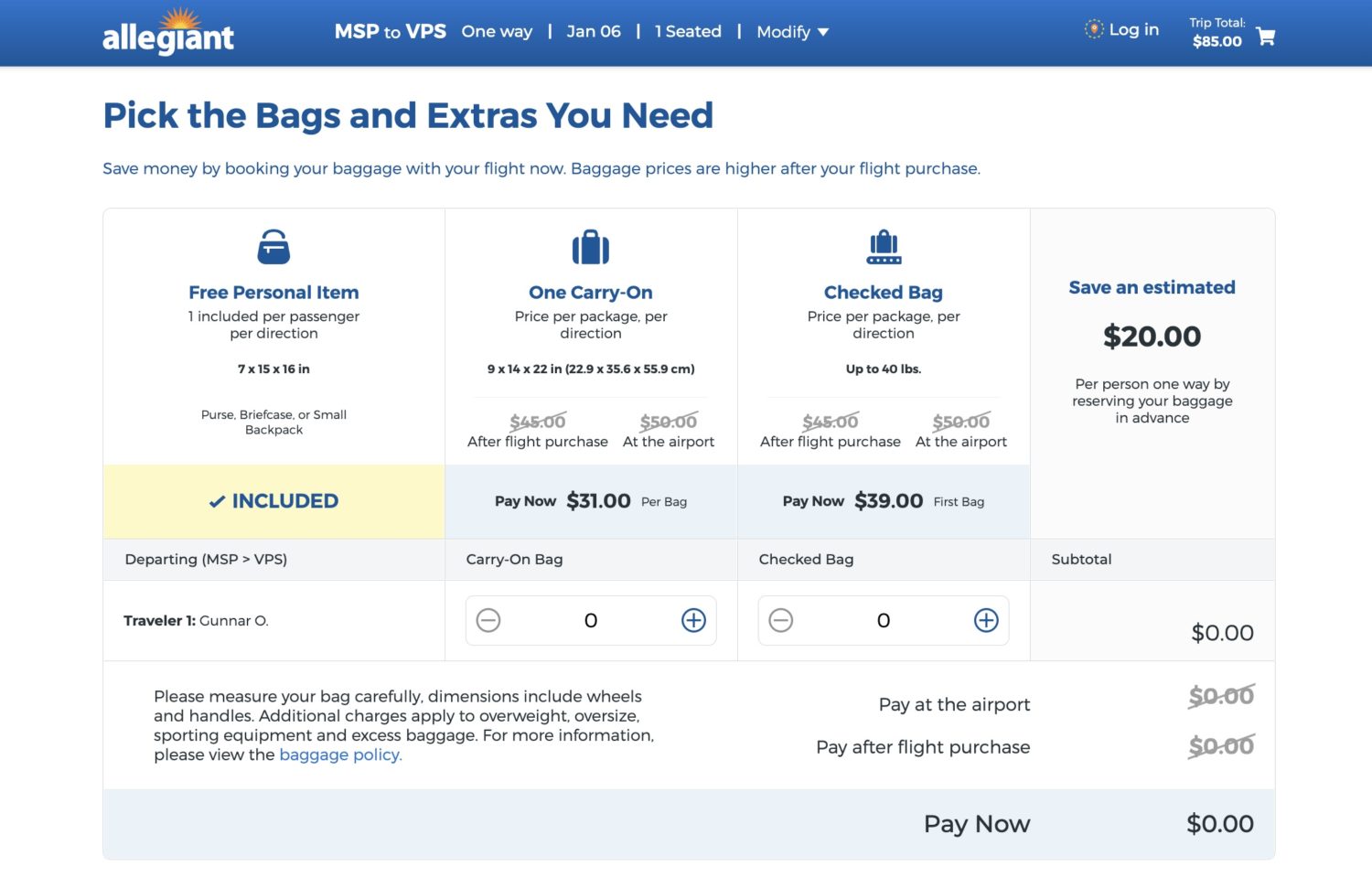 Allegiant air shop baggage fees