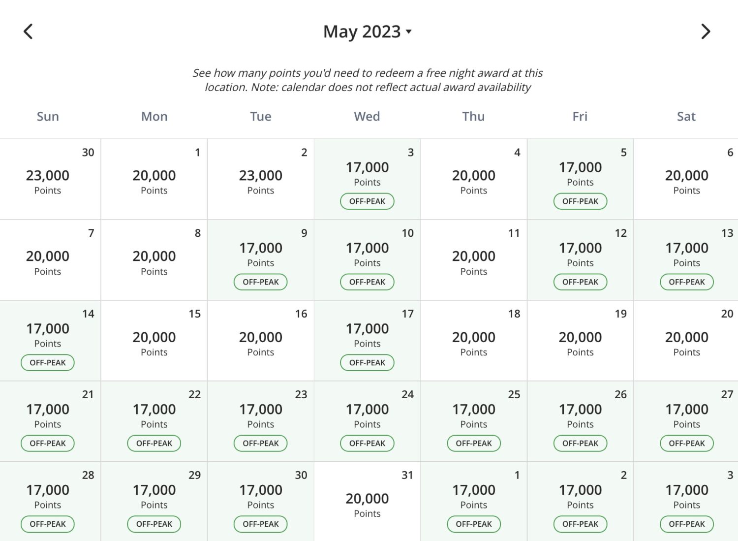 Park Hyatt Zanzibar points price calendar