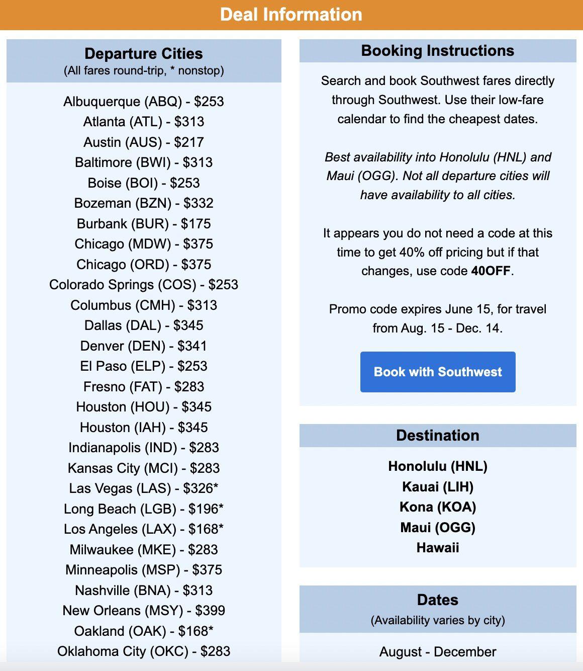 Southwest Hawaii flight deal