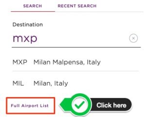 choosing full airport list booking with virgin points