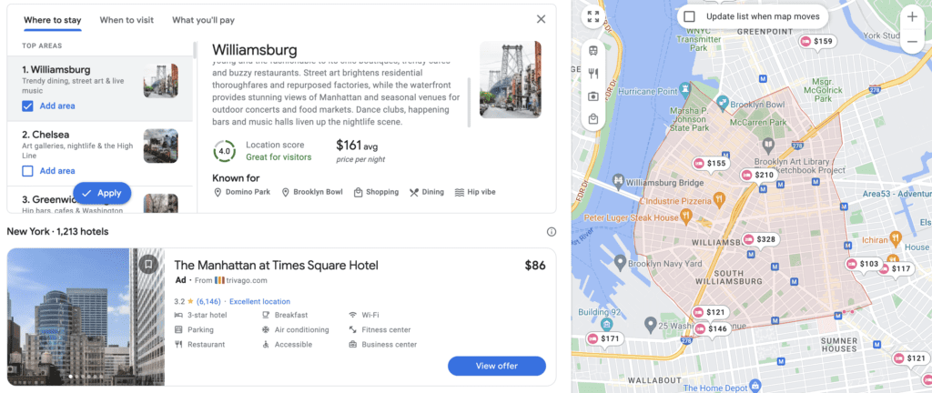 google hotels where to stay feature with map