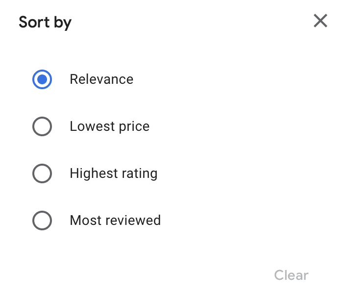 google hotels sorting options