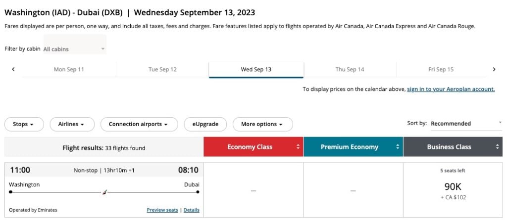 Emirates IAD to DXB booking through aeroplan