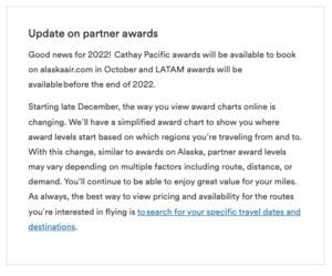 Alaska Airlines updates on partner awards