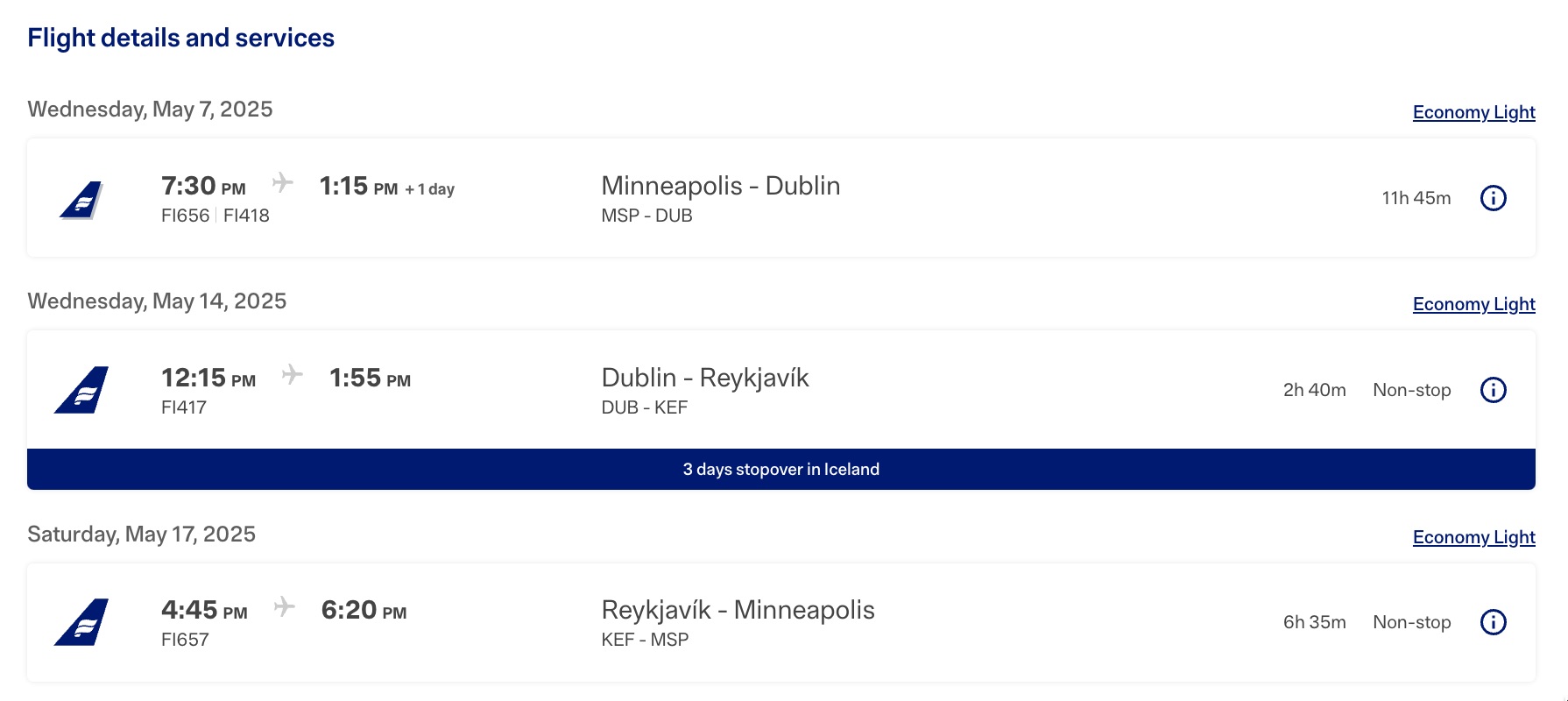 Icelandair flight itinerary for a Minneapolis to Dublin flight with a three-day stopover in Iceland