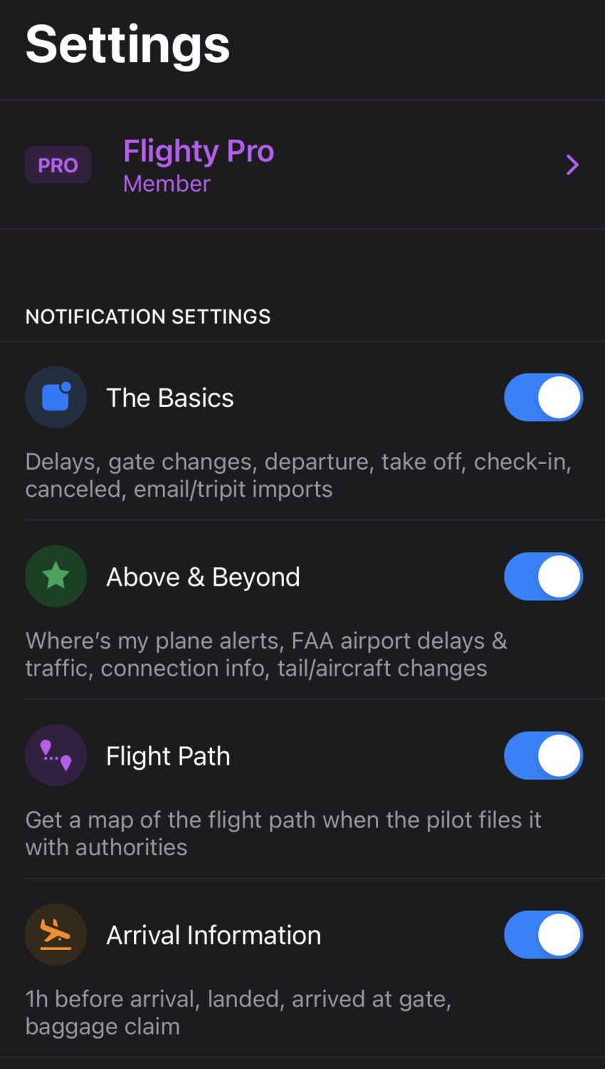 Push alert settings on Flighty