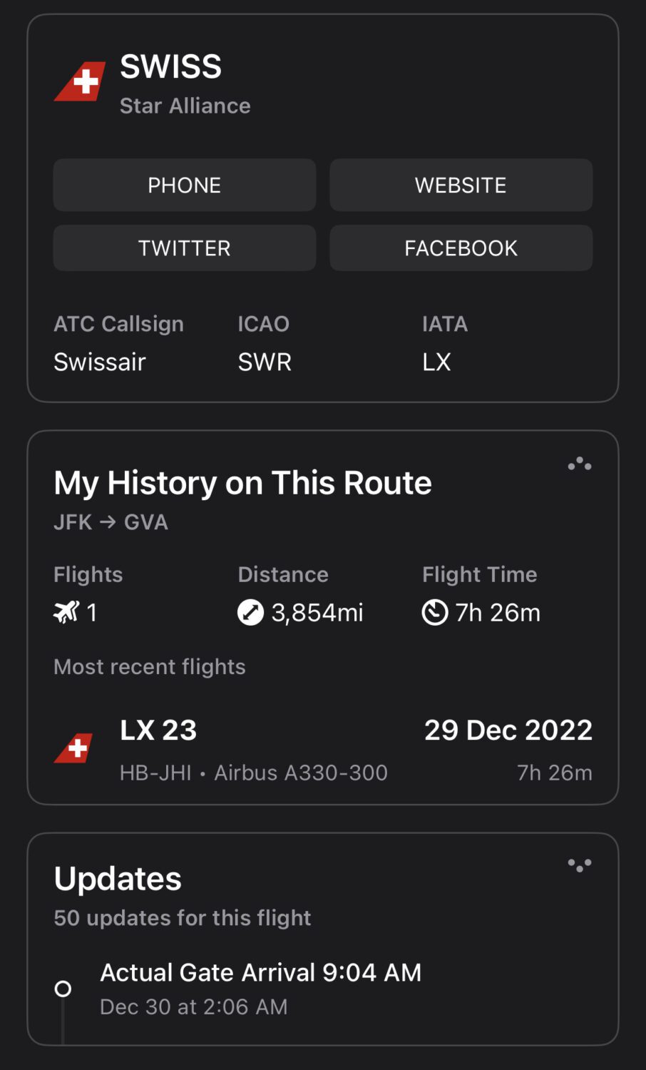 Route history on Flighty