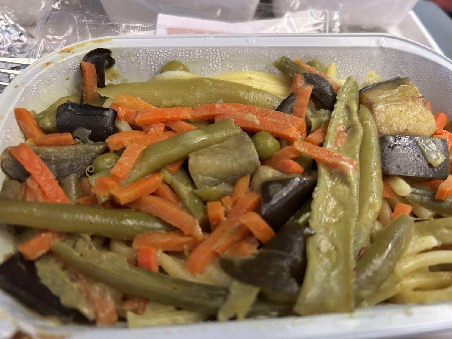 A plastic container filled with meat and vegetables