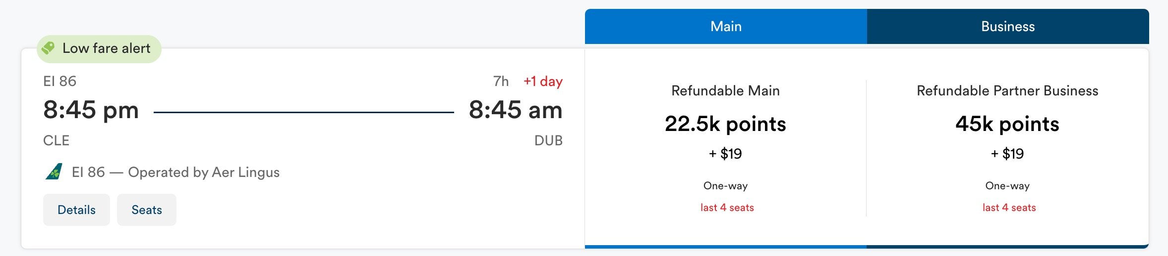 cleveland to dublin aer lingus redemption in business class
