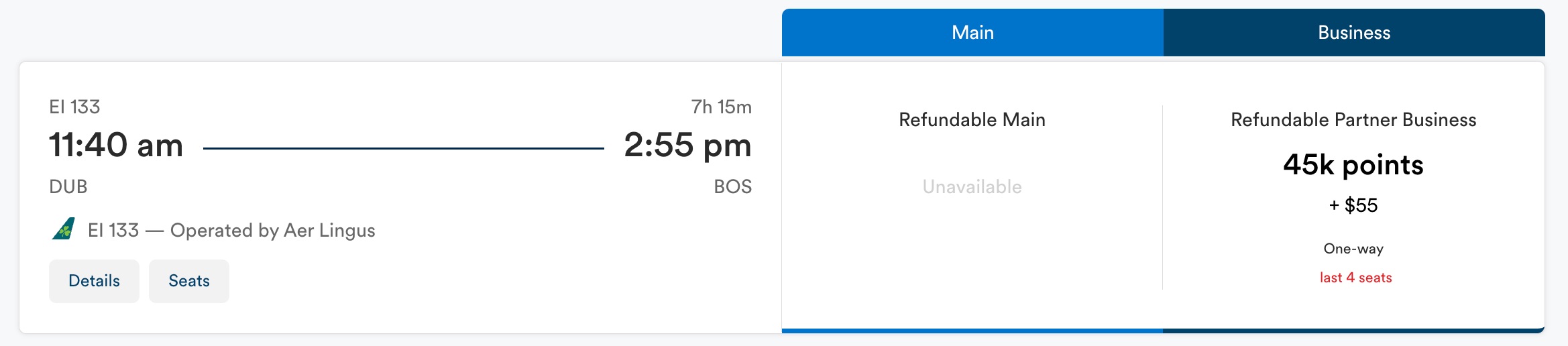 dublin to boston for 45,000 points and 55 dollars