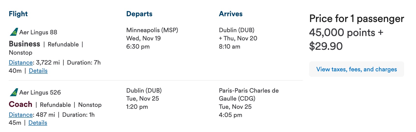 minneapolis to dublin and paris for 45,000 miles