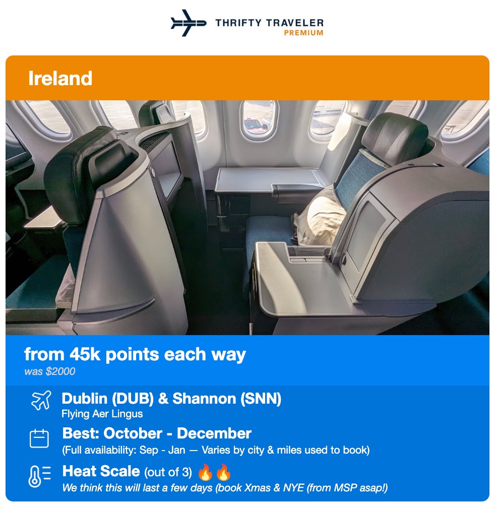 thrifty traveler premium deal for aer lingus business class to ireland