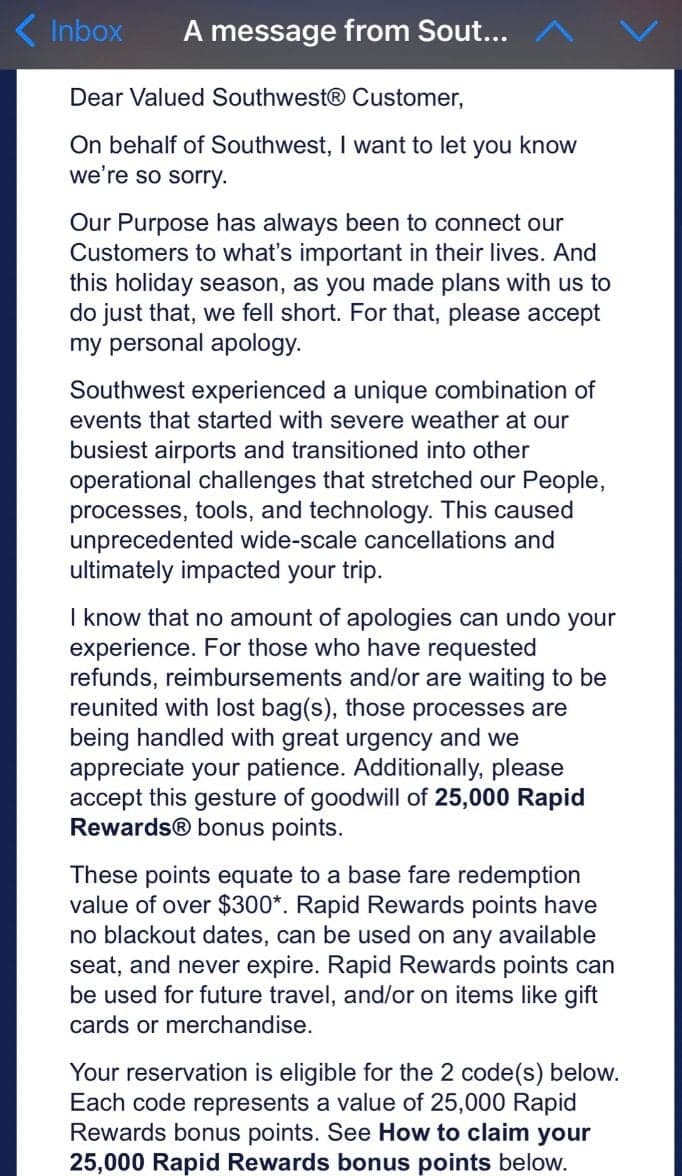 southwest email apology