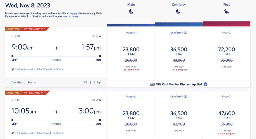 delta skymiles example search MSP-CUN