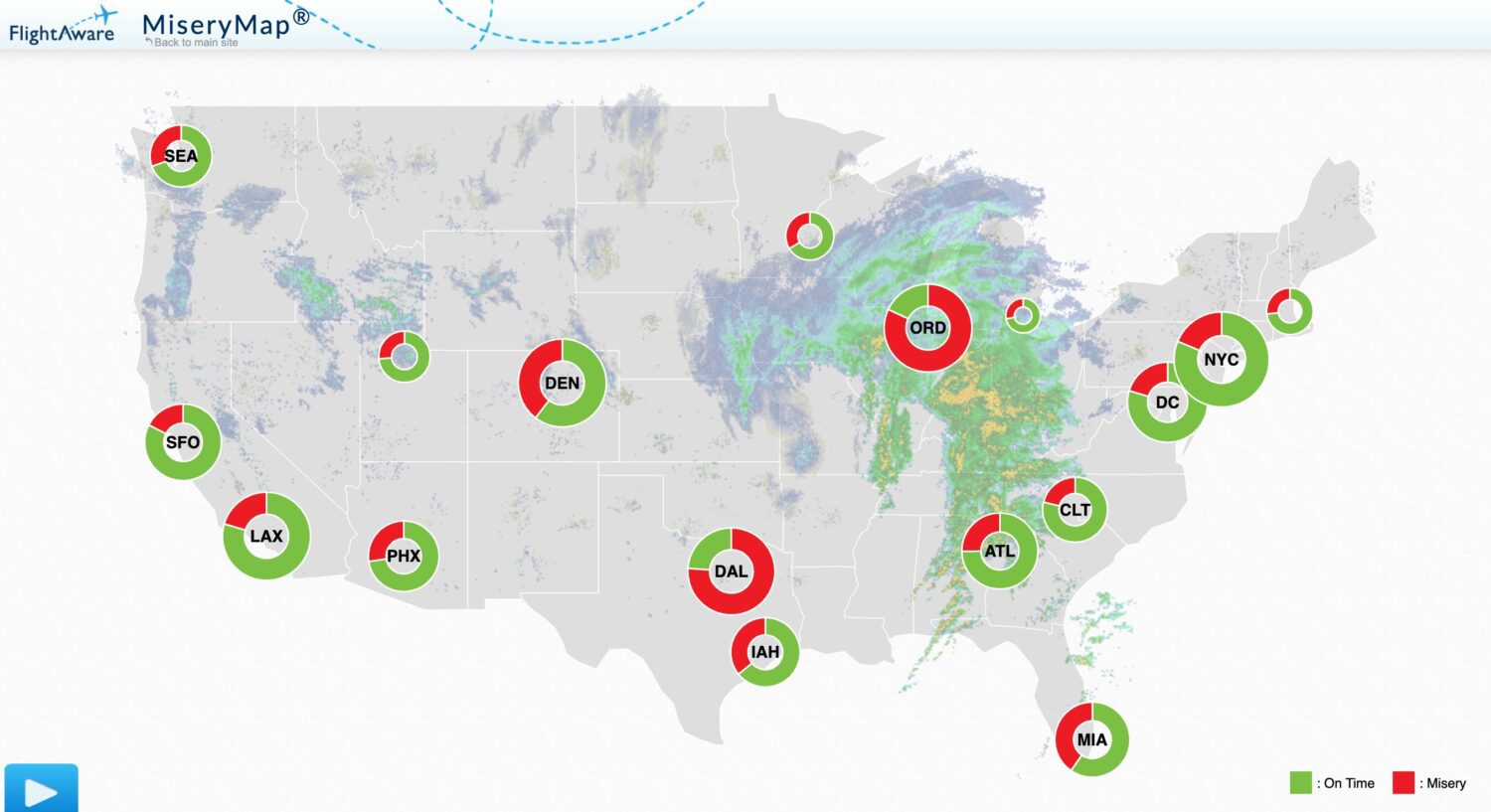 FlightAware misery map on Jan. 12, 2024