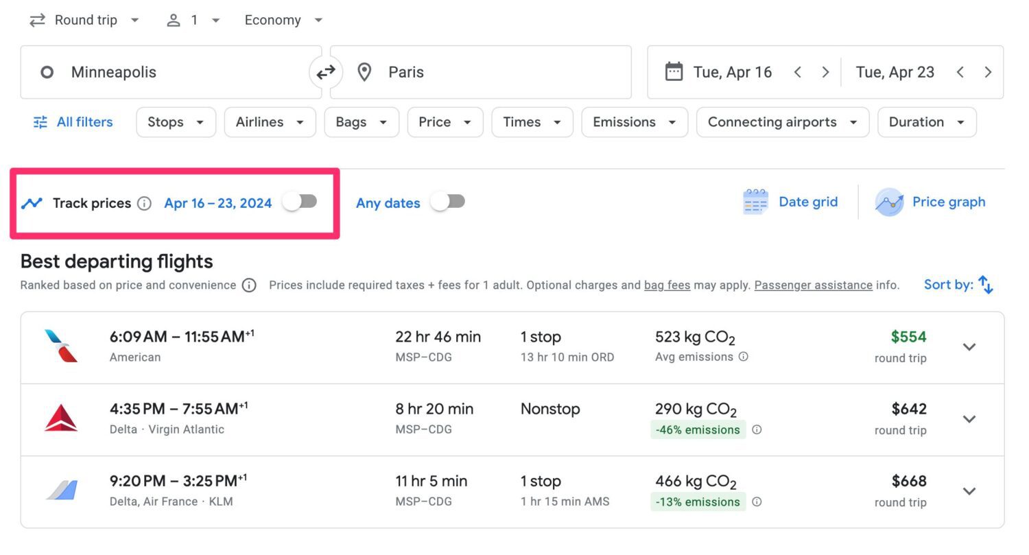 Google Flights price alert for flights from MSP-CDG in April