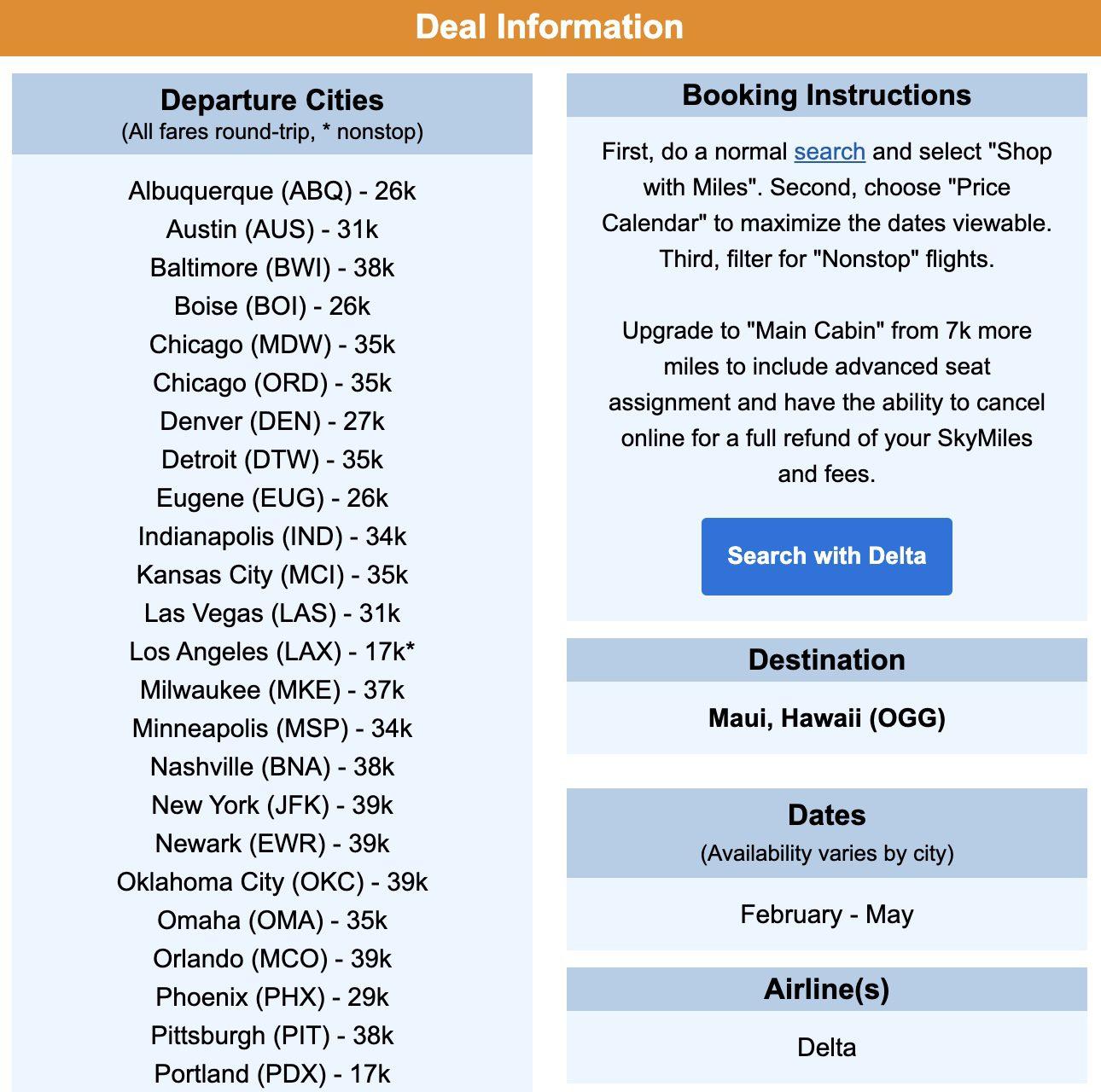 SkyMiles fares to Maui