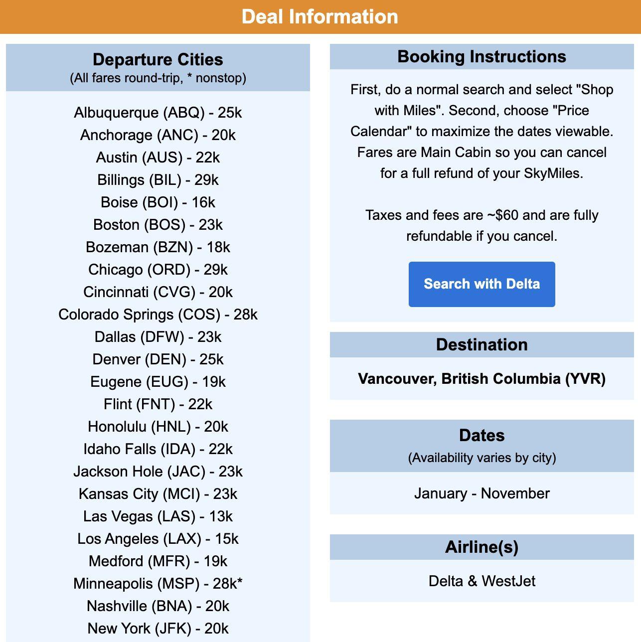 SkyMiles fares to Vancouver