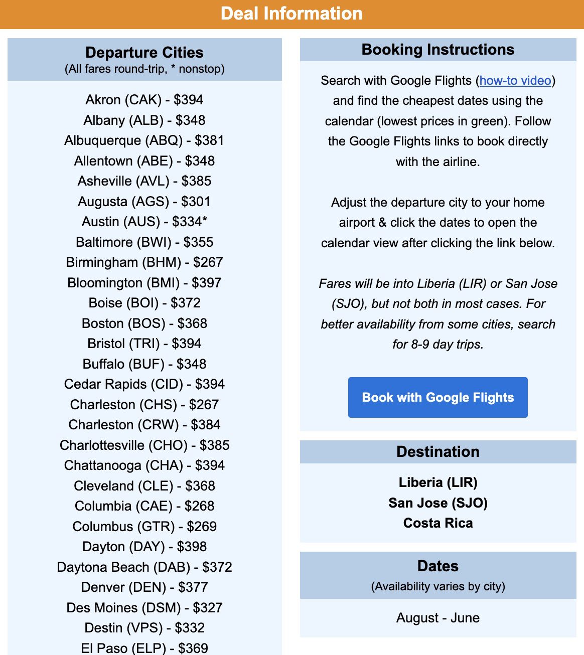 Costa Rica airfare flight deal