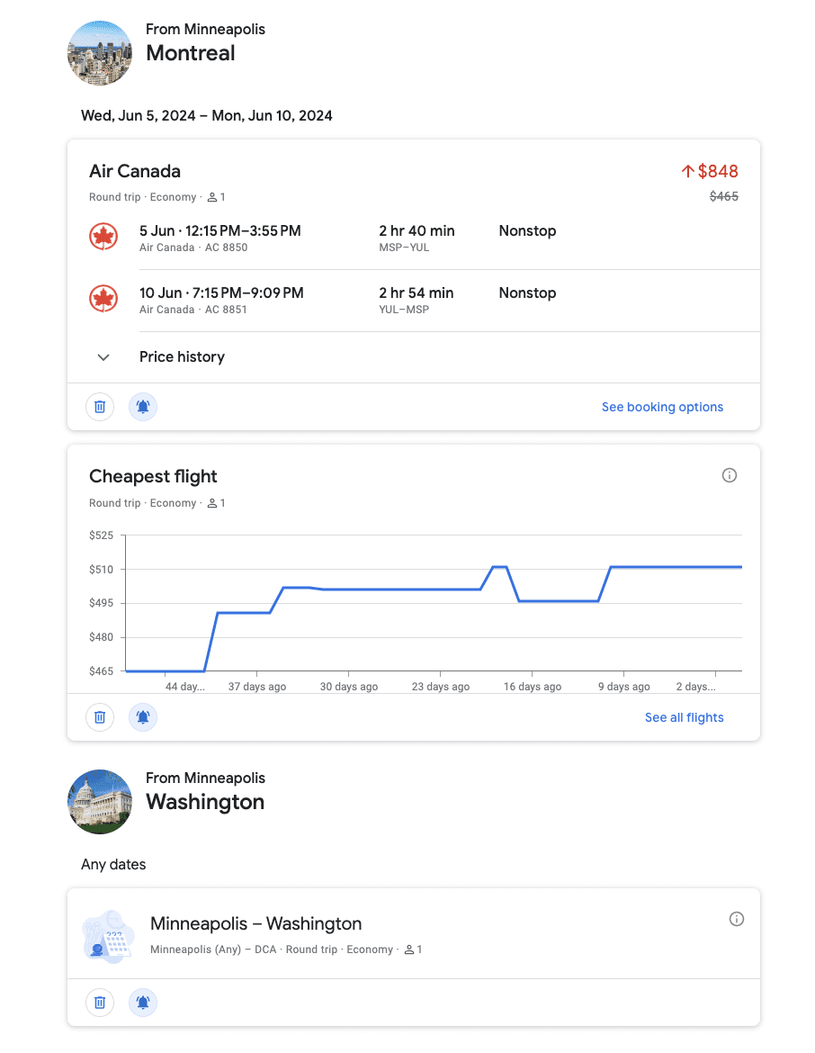 Google Flights price alerts for flights from MSP to Montreal and MSP to Washington, D.C.