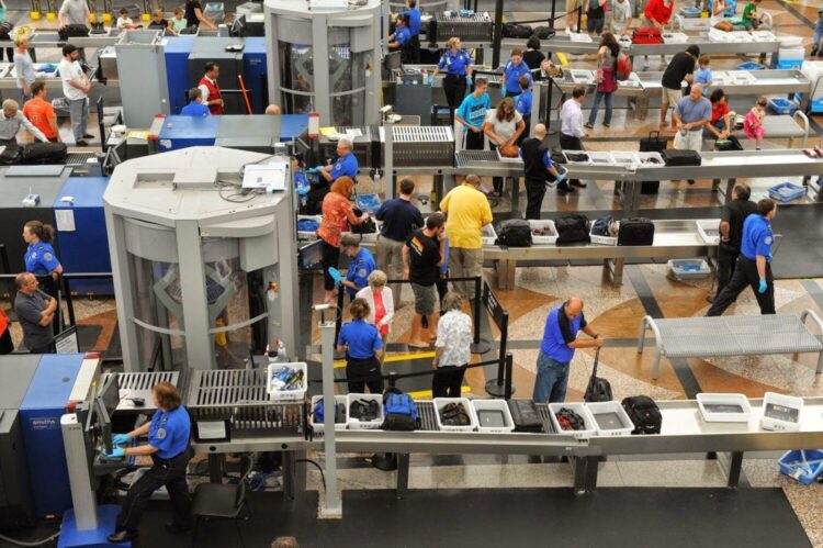 TSA security lines and bins