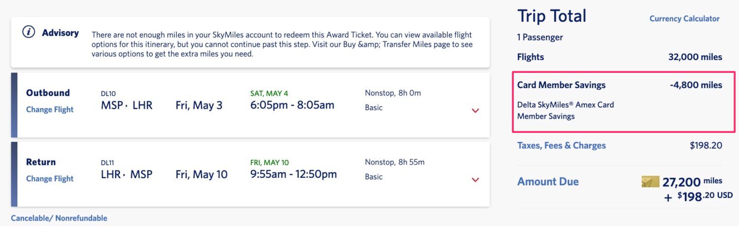 Delta SkyMiles sale to Europe with the Takeoff15 benefit applied