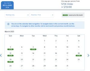 Boston (BOS) to Madrid (MAD) availability for two passengers in Iberia business class