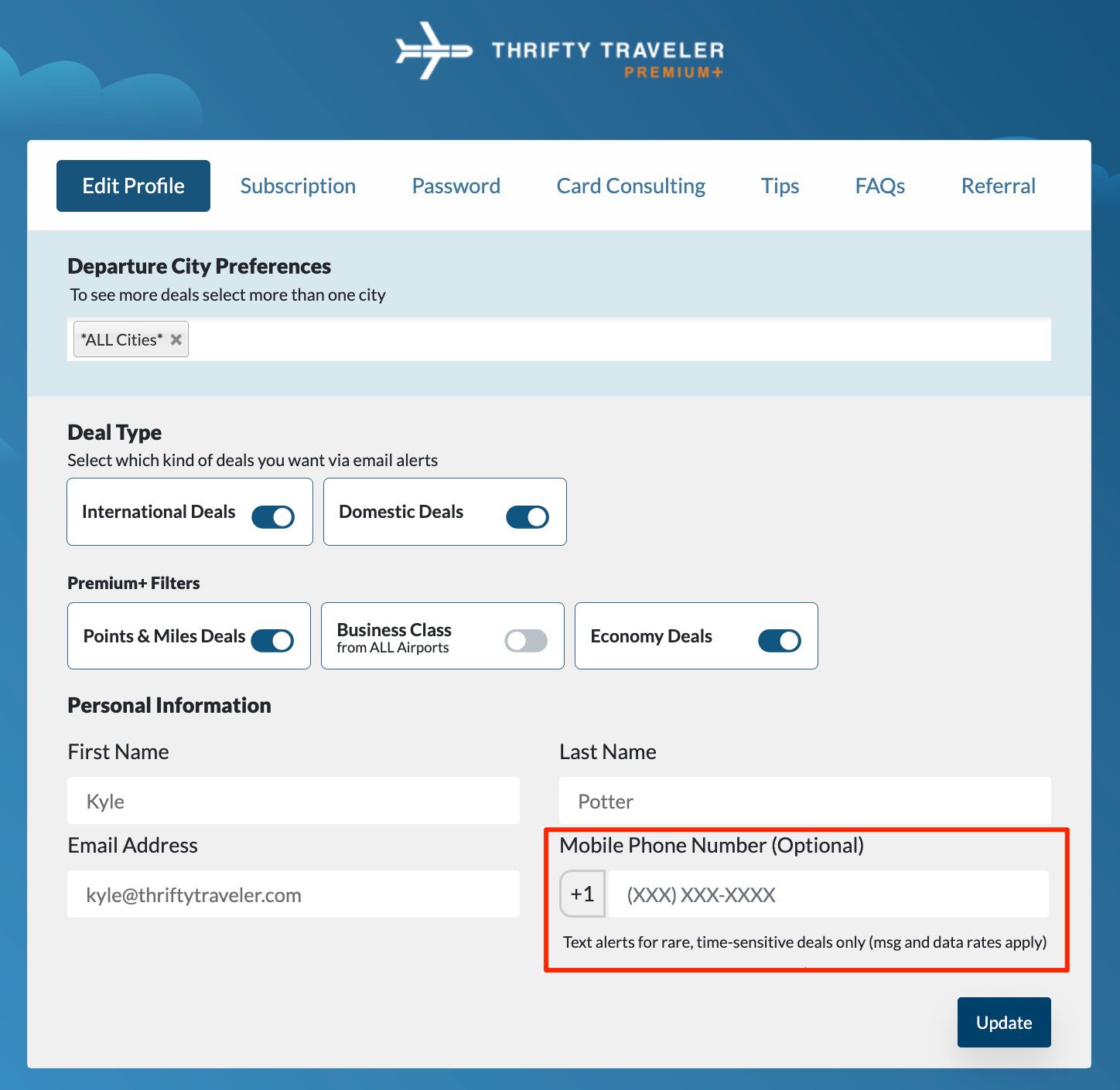 thrifty traveler premium text alert signup