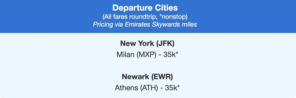 JFK to MXP and EWR-ATH on Emirates