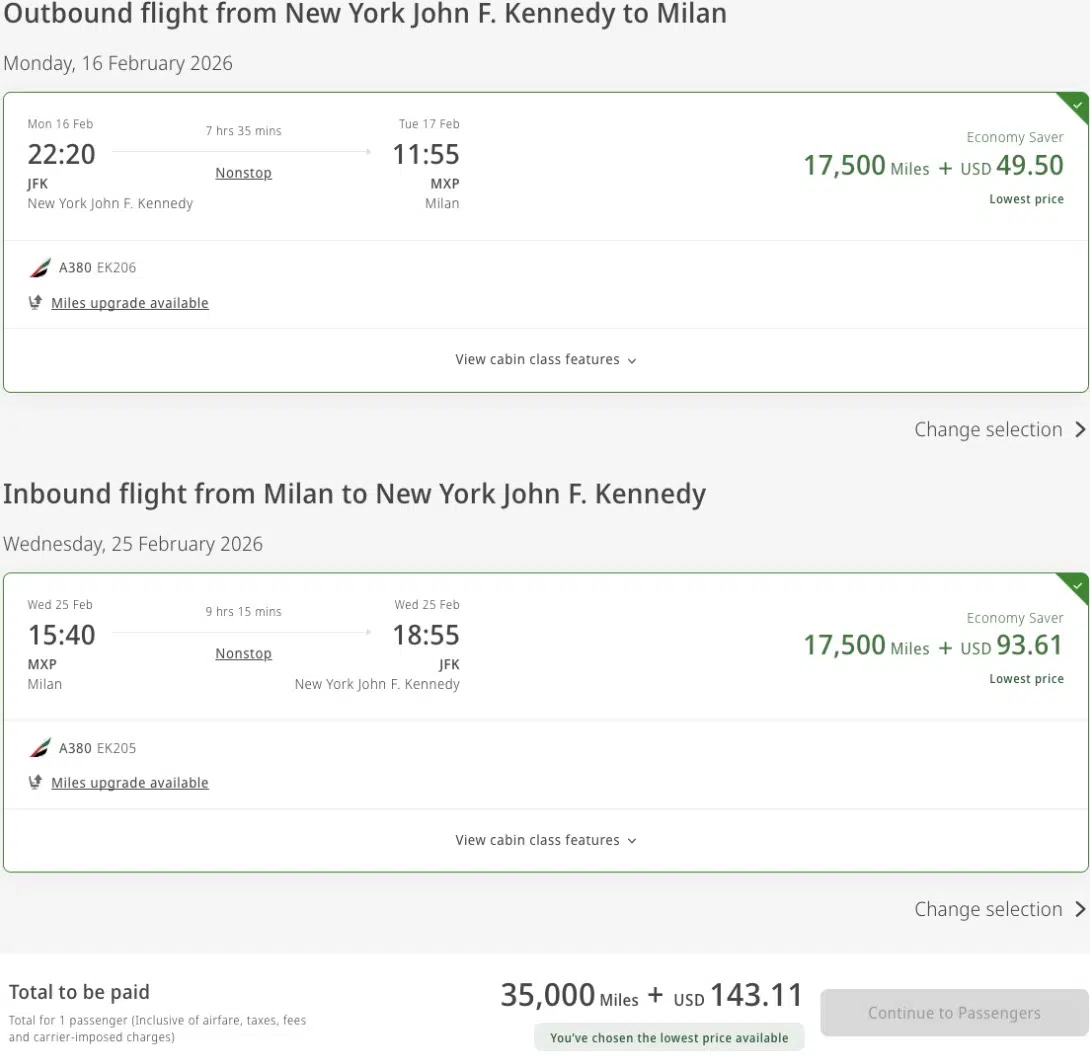 JFK to Milan airfare on Emirates for just 35,000 miles roundtrip. 