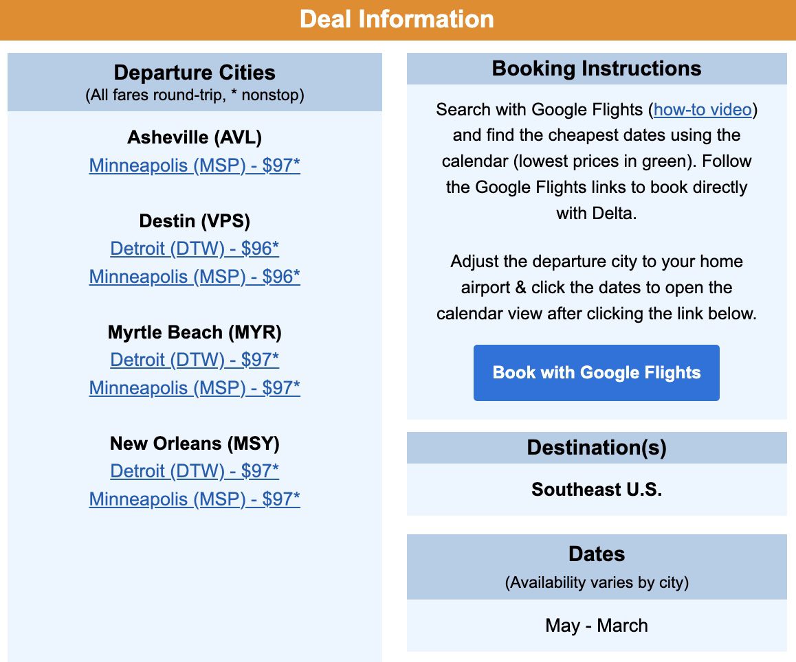 New Orleans, Myrtle Beach, Destin, and Asheville flight deal