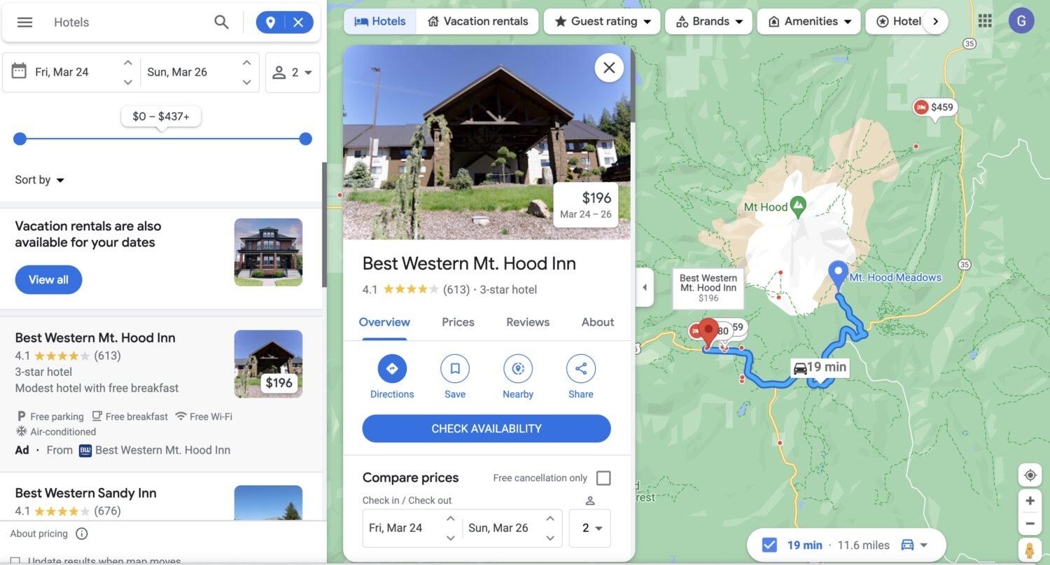 Mt. Hood lodging driving directions Google Maps