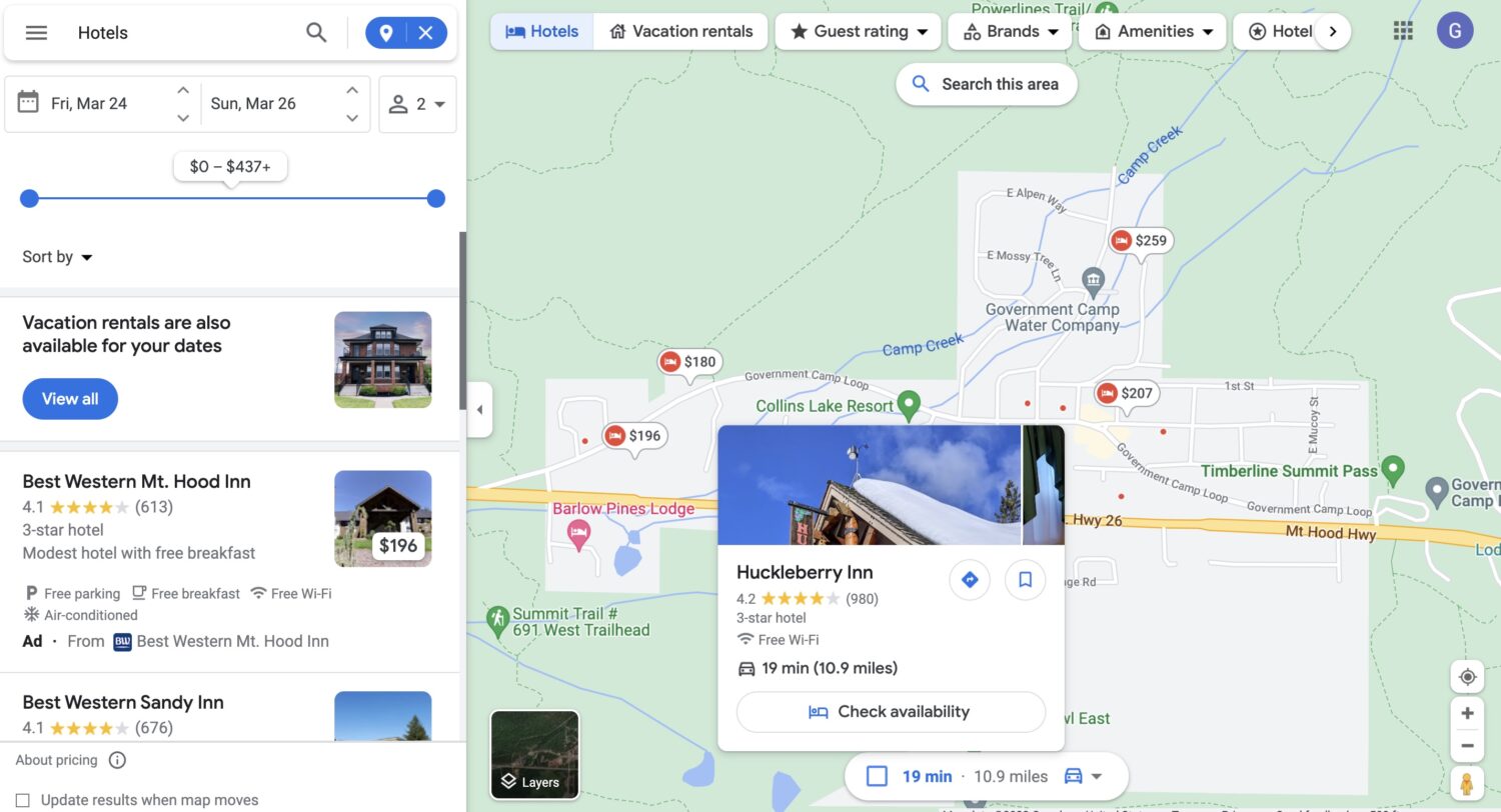 Independent hotels on Google Maps hotel search