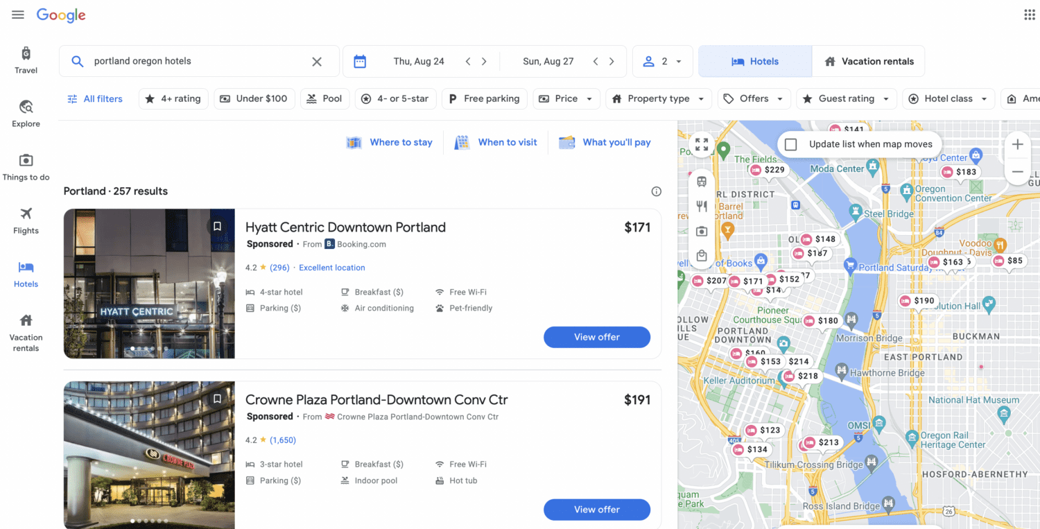 Google Hotels search for hotels in Portland, Oregon. 