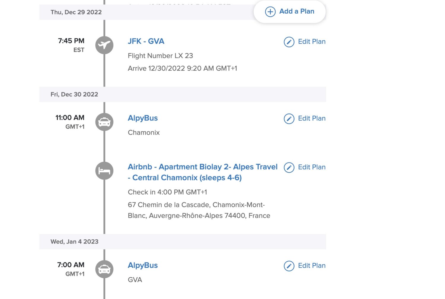 TripIt trip page items