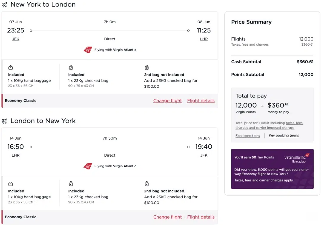 Virgin Atlantic fare in economy from 12,000 points roundtrip. 