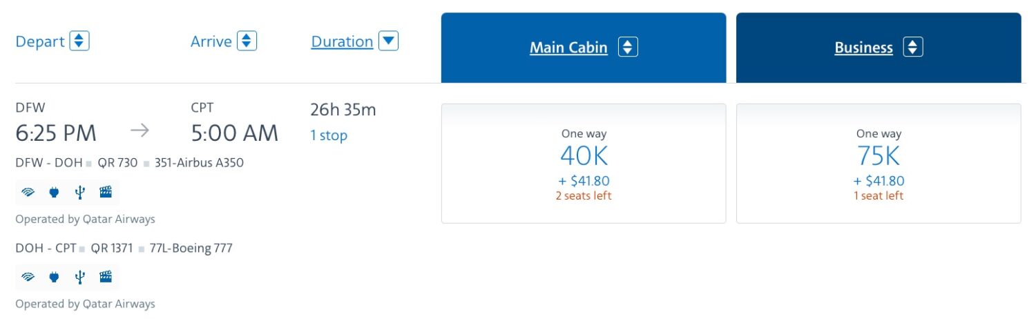 dfw to cape town booking with aa miles