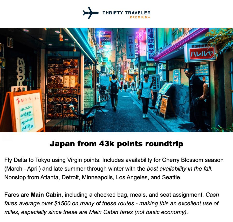 thrifty traveler premium award alert to Tokyo