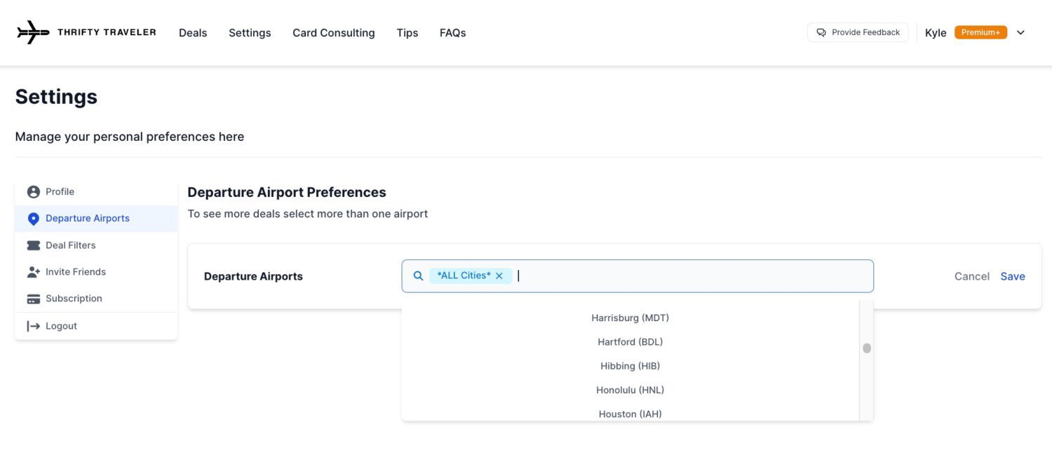 premium departure city settings