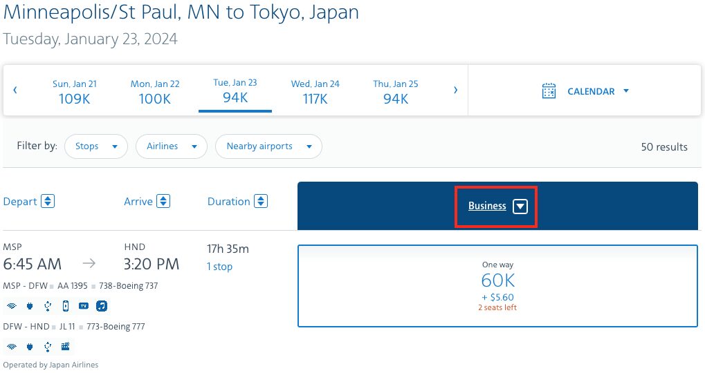 msp to tokyo aadvantage miles