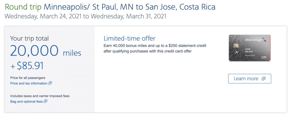 msp to costa rica aadvantage miles